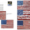 A magazine spread showcases “Stars & Stripes” by Schiffer Publishing, Ltd., with an artist profile, portrait, and five textured American flag artworks. Captions highlight American pride and the use of patriotic symbols in each piece.