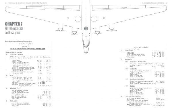 A top-view line drawing of the Douglas XB-19 appears on a Schiffer Publishing, Ltd. manual page, with specification tables, instructions, part lists, and CHAPTER 7 XB-19 Construction and Description as the chapter title.