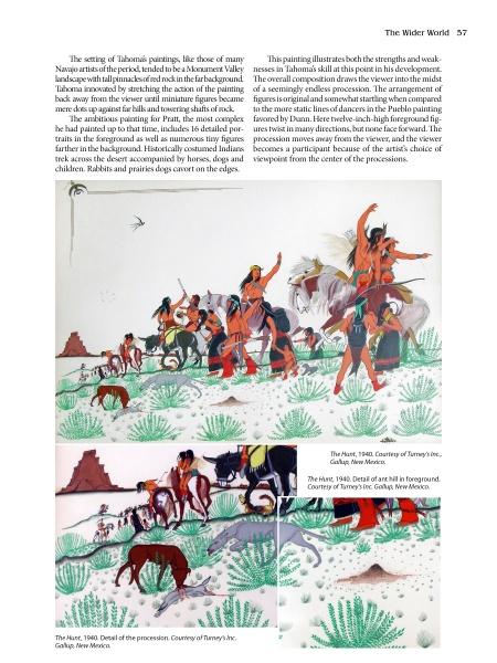 A magazine page features text on Native American art and two paintings, including a larger artwork by Quincy Tahoma, from Schiffer Publishing, Ltd., showing a procession of Indigenous people on horseback in a vivid Santa Fe landscape.