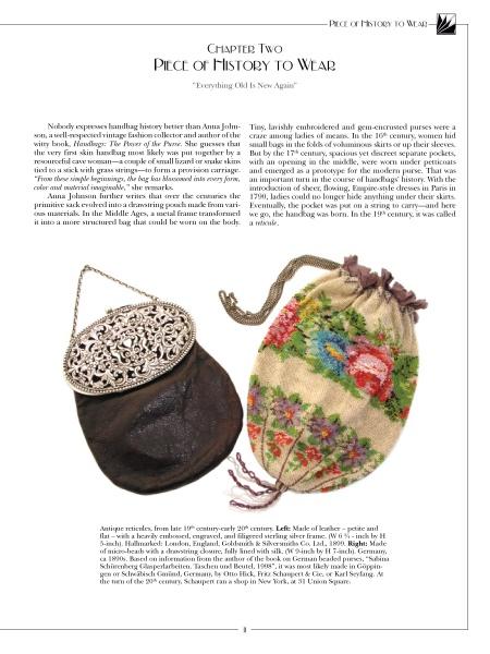 Two vintage handbags featured: Exotic Skin by Schiffer Publishing, Ltd.—a dark brown leather purse with a silver clasp, and a floral fabric drawstring bag—are displayed with descriptive text.