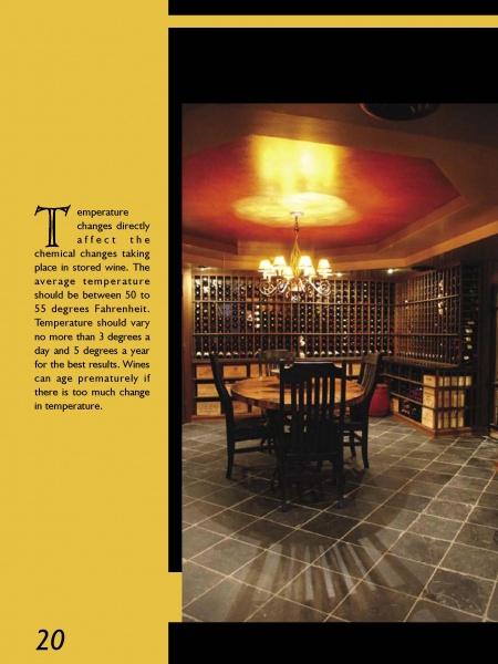 The Wine Cellar Design by Schiffer Publishing, Ltd. features a luxury space with a round wooden table, four chairs, wine racks, dark tiled floors, dim lighting, and an informational panel for an elegant home wine cellar setting.