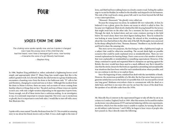A book spread from Disembodied Voices by Schiffer Publishing, Ltd.: Left page features a Stephen King quote and story intro; right page delves into real accounts of disembodied voices, describing chilling scenes and characters.