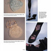 Four images from Schiffer Publishing, Ltd.'s "Lingerie" feature a pink silk hosiery bag, a blue silk drawstring bag, and two pairs of black stockings with floral embroidery, showcasing vintage women's undergarments with museum details.