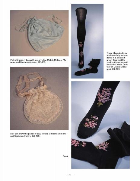 Four images from Schiffer Publishing, Ltd.'s "Lingerie" feature a pink silk hosiery bag, a blue silk drawstring bag, and two pairs of black stockings with floral embroidery, showcasing vintage women's undergarments with museum details.