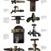 A set of ten unique antique and vintage brass water taps, inspired by wine antiques, from "Wine Antiques and Collectibles" by Schiffer Publishing, Ltd., displayed on a white background with labels beside each tap.