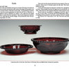 Three Avon's 1876 Cape Cod Collection deep red glass bowls by Schiffer Publishing, Ltd. with intricate patterns are displayed against a pale background. The bowls vary in size, with text descriptions above them.
