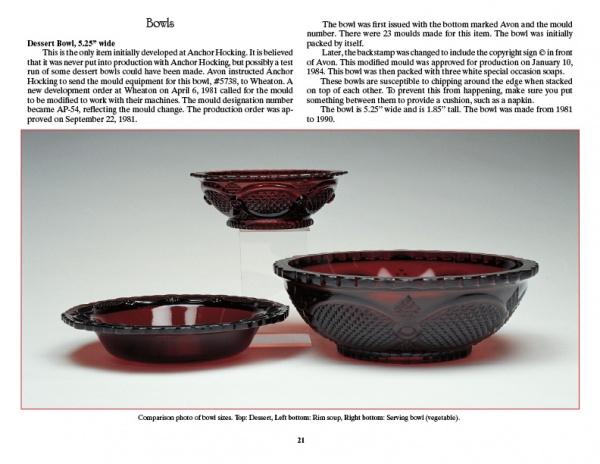 Three Avon's 1876 Cape Cod Collection deep red glass bowls by Schiffer Publishing, Ltd. with intricate patterns are displayed against a pale background. The bowls vary in size, with text descriptions above them.