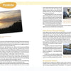 A two-page spread from "Kayak Fishing the Northern Gulf Coast" by Schiffer Publishing, Ltd. features text, a sunset over water with palm leaves, a kayaker, and a small blue kayak on a Northern Gulf Coast waterway bank.