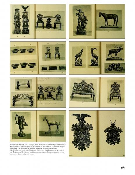 A grid collage of vintage book pages featuring black-and-white photos and illustrations of ornate Black Forest woodcarvings—furniture, animal sculptures, and decorative pieces—from "Black Forest Woodcarvings" by Schiffer Publishing, Ltd. Page 163 is shown.