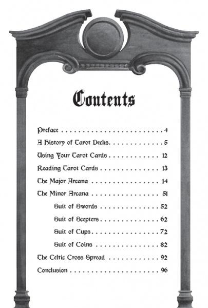 Table of contents for the Shakespearean Tarot book by Schiffer Publishing, Ltd., displayed on a decorative arch frame, lists tarot card history, card use, Major and Minor Arcana, suit breakdowns, Celtic Cross spread, and conclusion with page numbers.
