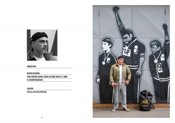 A man in casual wear and a vintage military jacket stands by a mural, a large black bag beside him. On the left is his black-and-white portrait with details. He features in "Rugged Style War—Rome" by Schiffer Publishing, Ltd.
