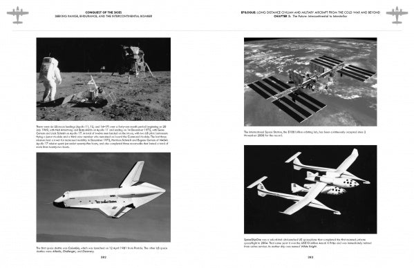 A book spread from "Conquest of the Skies" by Schiffer Publishing, Ltd. showcases four black-and-white photos: an Apollo astronaut on the Moon, the ISS, the Space Shuttle Enterprise, and SpaceShipOne—key aviation milestones.