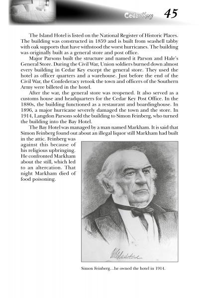 Page 45 of Florida’s Haunted Hospitality (Schiffer Publishing, Ltd.) features historical text about Cedar Key’s Island Hotel—one of Florida’s most haunted inns—and an old portrait of 1914 owner Simon Feinberg.