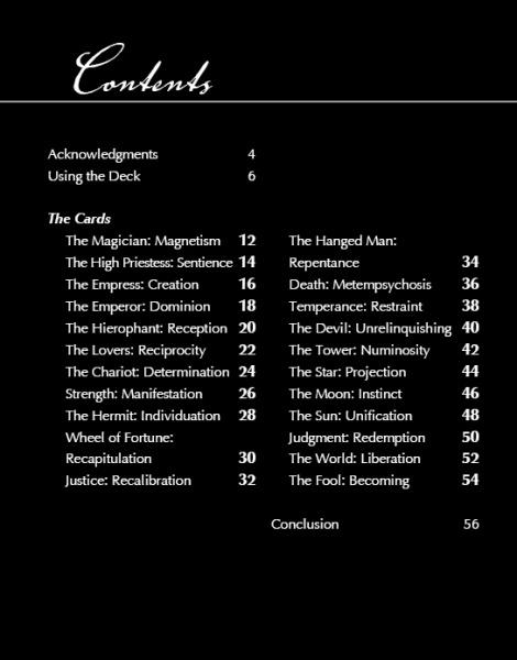 Table of contents page for Schiffer Publishing, Ltd.'s White Witch Tarot: black background, white text, listing Acknowledgments, Using the Deck, The Cards (meditative tarot themes with page numbers), and Conclusion on page 56.