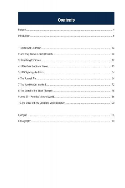 Table of contents from "The Essential Guide to UFO Sightings Since 1945" by Schiffer Publishing, Ltd., listing chapters like “UFOs Over Germany,” “The Roswell Incident File,” and “Black Triangle—America’s Secret World,” with page numbers.