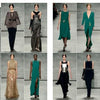 The SFP LookBook: Mercedes-Benz Fashion Week Fall/Winter 2014 Collections by Schiffer Publishing, Ltd. showcases twelve models in elegant, modern dark, metallic, and green dresses, each with unique textures and cuts, set against a gray backdrop.