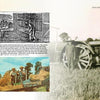 A collage for "Yesterday's Farm Tools & Equipment" by Schiffer Publishing, Ltd.: a vintage sketch of workers threshing grain, a sepia tractor scene, and a color photo of farmers loading hay onto a wagon.