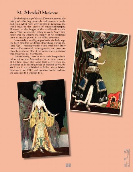 A peach-colored page from Schiffer Publishing, Ltd.'s Art Nouveau & Art Deco Fashion Postcards features text about M. Mondeoro and two vintage postcards of women in ornate, stylish Art Deco costumes.