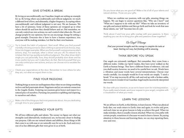 Angel Relationships by Schiffer Publishing, Ltd. features spreads with headings like Give Others a Break and Embrace Your Gifts, alongside inspirational text, butterfly art, and gentle reminders of angelic guidance.
