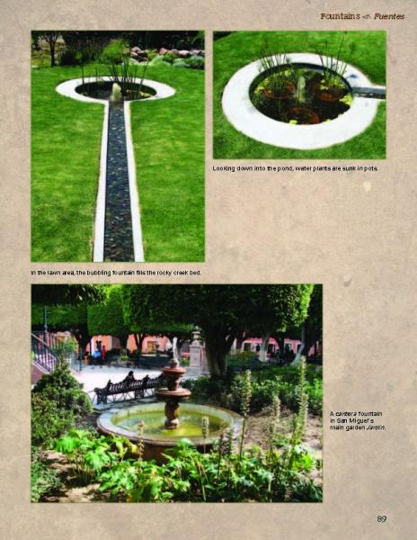 Explore San Miguel's Mexican Exteriors by Schiffer Publishing, Ltd., featuring photos of a circular pond with water plants, a stone water channel, and a garden fountain with benches—outdoor inspirations styled after Mexican architecture.