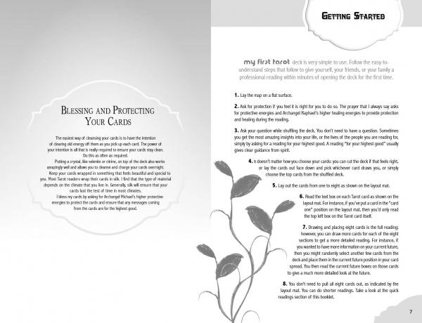 A grayscale spread from "My First Tarot" by Schiffer Publishing, Ltd. features card blessings and protection text on the left, tarot deck starting steps on the right, with floral silhouettes and ornate frames for an elegant guidebook look.