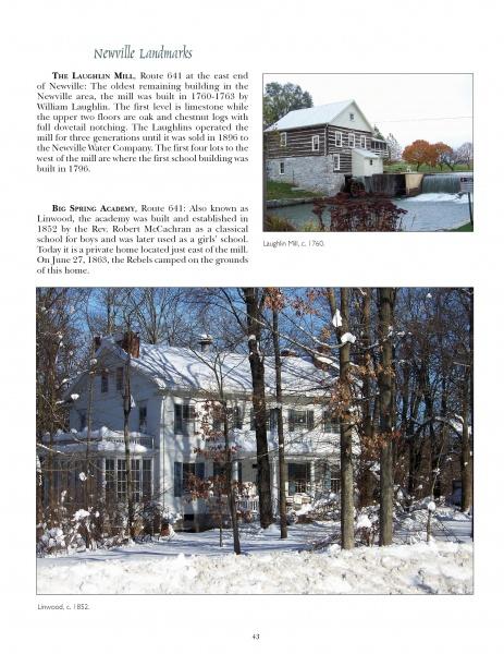 A page from "Portrait of Historic Carlisle, Pennsylvania, & The Cumberland Valley" by Schiffer Publishing, Ltd. features photos of Laughlin Mill and Linwood in Newville, with text highlighting their history on this photographic tour.