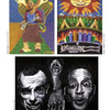 Positive Creations" by Schiffer Publishing, Ltd. showcases three vibrant artworks: visionary art of a woman with a winged baby, a vivid sun over mountains and city above a skeleton, and two expressive male faces in black-and-white.