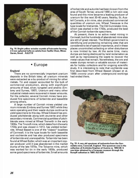 The Schiffer Publishing, Ltd. book "Introduction to Radioactive Minerals" features labeled photos of autunite and torbernite with text on the history of uranium ore and radioactive minerals in Europe, especially England.
