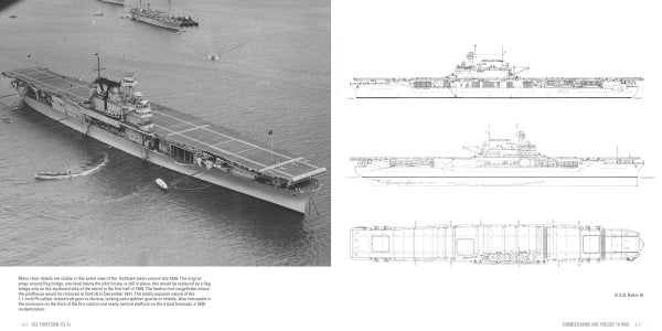 An aerial black-and-white photo of USS Yorktown (CV-5) at sea appears left, with technical line drawings of the ship’s side, top, and front views on the right. Brand: Schiffer Publishing, Ltd.