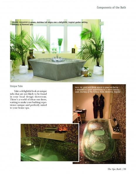 A magazine page features The Spa Bath by Schiffer Publishing, Ltd.—three unique tubs: a modern stainless steel tub, a glass tub with brown tiles, and a double green glass jet tub—perfect for luxury bath suites or home spas.