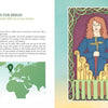 A vibrant spread from Schiffer Publishing, Ltd.’s "Goddesses from A to Z" features B for Brigid of Ireland, with a map, decorated letter, and an illustration of Brigid in a blue dress with red hair and golden flames.
