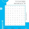 SumSearch by Schiffer Publishing, Ltd. is a blue and white puzzle page with a number grid and instructions to find digit combos that total 18. Great for brain game fans, it also shows possible combos and clues at the bottom.