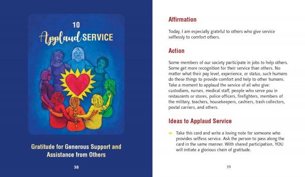 The left page of Thank Forward (Schiffer Publishing, Ltd.) shows vibrant hands around a heart with "10 Applaud Service—Gratitude for Generous Support and Acts of Kindness." The right page shares affirmations, actions, and ways to express thanks, like using gratitude cards.