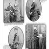 A page from "Victorian Costume for Ladies 1860-1900" by Schiffer Publishing, Ltd. shows four women and one man in late 19th-century formal dress, each oval portrait captioned with details of their vintage Victorian fashion.