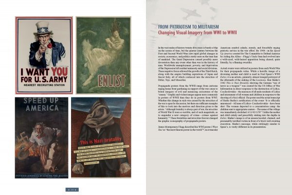 A two-page spread from Schiffer Publishing, Ltd.'s World War II Posters displays four vintage war posters on the left and an article titled "From Patriotism to Militarism: Changing Visual Imagery from WWI to WWII" on the right.