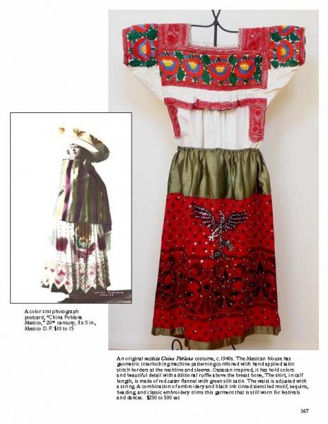 A traditional Mexican Chiné Nahua outfit inspired by Mexican folk art, featuring a colorful embroidered blouse and butterfly skirt, shown next to a photo of someone in a similar outfit, from Mexican Popular Art by Schiffer Publishing, Ltd.