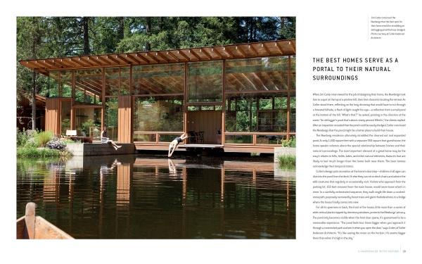 A modern glass and wood house by a tranquil pond is featured in "Anatomy of a Great Home" from Schiffer Publishing, Ltd. Two people relax on a dock, with text displayed on the right side of the image.