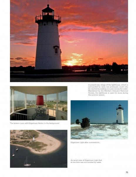 Massachusetts Lighthouses" by Schiffer Publishing, Ltd. showcases collages of a sunset-lit lighthouse, lantern room views over a harbor, a snowy beacon, and aerial shots by sandy shores with boats, capturing rich maritime history.