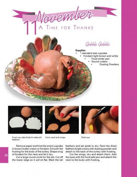A Year of Cupcakes by Schiffer Publishing, Ltd. features turkey-shaped cupcakes on festive plates with step-by-step instructions and close-up photos to decorate with fondant feathers and details. Supplies and directions are included.