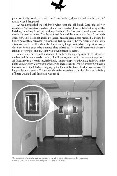 A black-and-white photo of hospital double doors features an inset highlighting a ghostly female face, echoing haunted Savannah legends. Above, text and a small crow promote "Savannah's Afterlife" by Schiffer Publishing, Ltd.