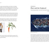 A spread from "Housing and the City" by Schiffer Publishing, Ltd. features a fox beside a large carrot on the left page; the right, titled "Place and the Displaced," examines affordable housing and urban history through a crowded boat scene.
