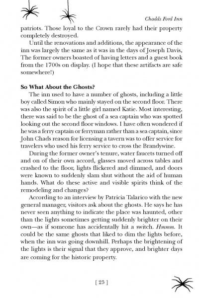 A page from Brandywine Valley Ghosts by Schiffer Publishing, Ltd. shares tales of Chadds Ford Inn's history and hauntings, with small spider illustrations in the corners beneath the heading "So What About the Ghosts?".