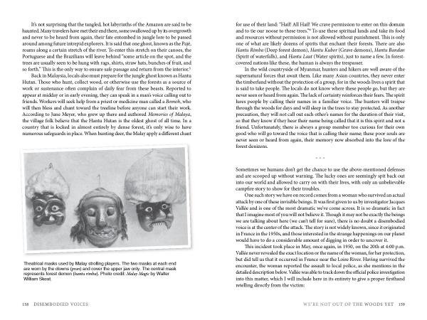 An open book displays two pages of text with a small black-and-white photo of three theatrical masks. "Disembodied Voices" by Schiffer Publishing, Ltd. hints at true stories of paranormal encounters.