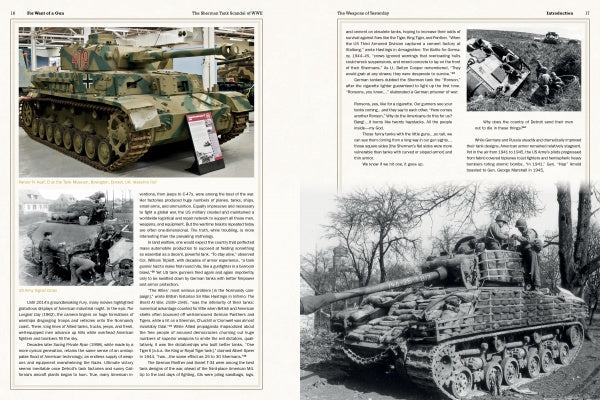 A two-page spread from "For Want of a Gun" by Schiffer Publishing, Ltd. features a color photo of a German WWII tank and wartime scenes on the left, with black-and-white images of damaged tanks and soldiers plus text on the right.