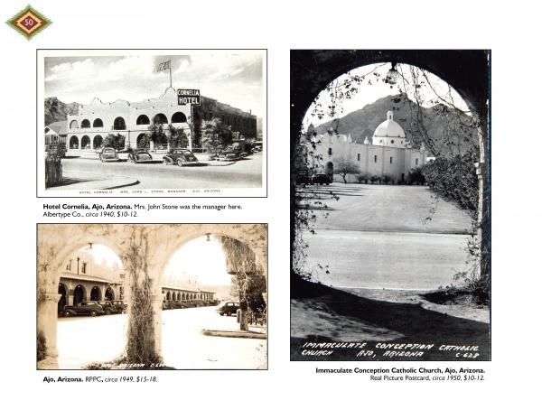 A Journey through Southern Arizona by Schiffer Publishing, Ltd. features a collage of vintage black-and-white postcards from Ajo, AZ, highlighting local history with images like Hotel Cornelia, arch-lined streets, and Immaculate Conception Catholic Church.