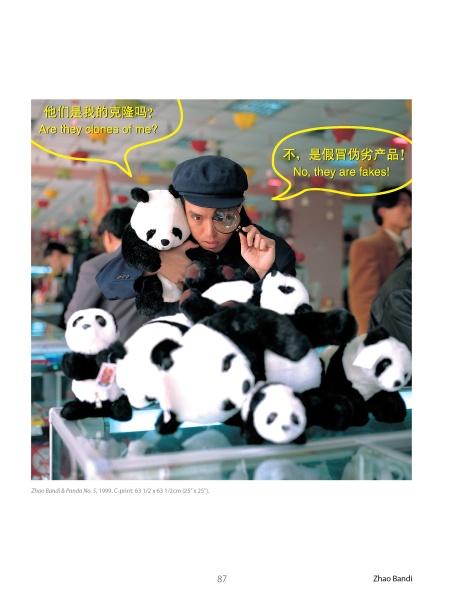 A man in a cap examines plush pandas with a magnifying glass, echoing contemporary Chinese art themes. Speech bubbles read, "Are they clones of me?" and "No, they are fakes!" Colorful toys fill the background. From "Chinese Artists" by Schiffer Publishing, Ltd.