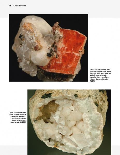 Two mineral specimens from The Collector's Guide to Silicate Crystal Structures by Schiffer Publishing, Ltd.: a salmon-pink prismatic silicate crystal with inclusions, and a round rock with white radiating crystals—perfect for collectors or crystallography study.