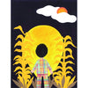 A child in plaid stands among tall yellow plants, gazing at a huge yellow sun on a dark backdrop—an ideal cover for Schiffer Publishing, Ltd.'s “Halloween Sleepwalker,” where subtle fears and eerie clouds evoke Halloween mystery.