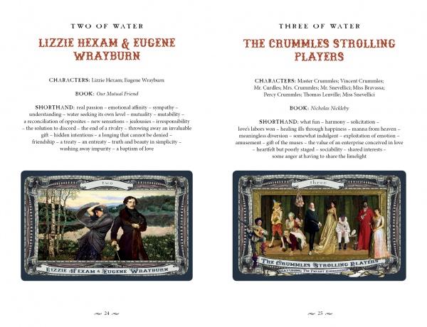 Two illustrated cards from The Charles Dickens Tarot by Schiffer Publishing, Ltd. feature Lizzie Hexam & Eugene Wrayburn on the left and The Crummles Strolling Players on the right, with ornate Victorian artwork and book titles above.