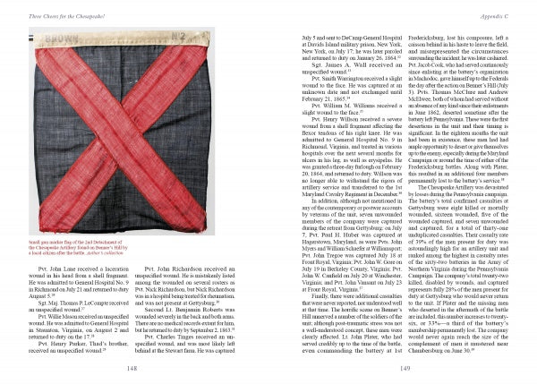 At the top left of a page from "Three Cheers for the Chesapeake!" by Schiffer Publishing, Ltd., a rectangular Confederate battle flag with a red saltire on a dark background appears above two-column Civil War history text.